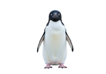 Isolated Adelie penguin stands at attention looking toward the viewer with curiosity