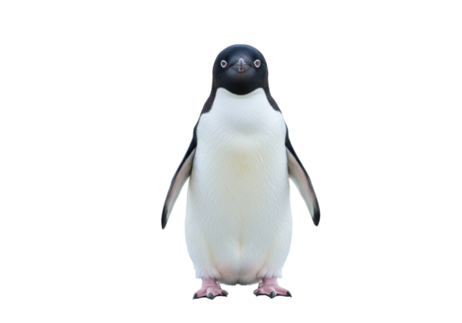 Isolated Adelie penguin stands at attention looking toward the viewer with curiosity