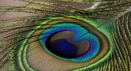Naklejka premium Close-up of a vibrant peacock feather showcasing intricate patterns and colors.