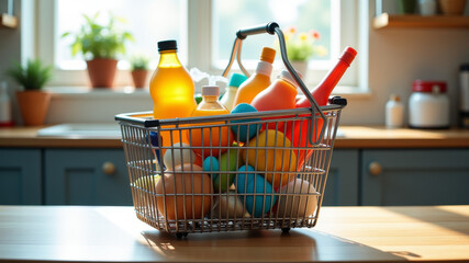 Grocery cart in kitchen symbolizing domestic responsibility in sourcing scarce supplies