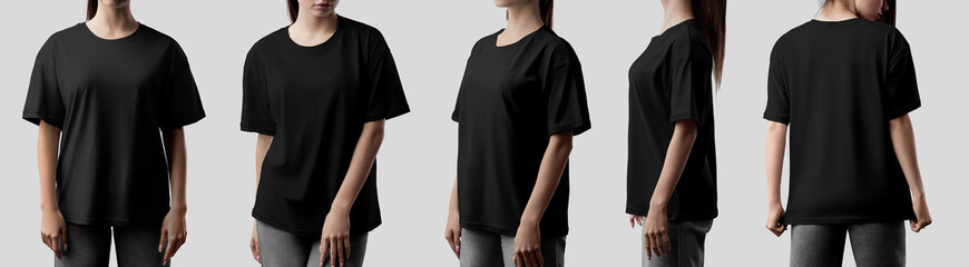 Mockup of black oversized t-shirts on a girl in gray jeans, front, side, back view, isolated on...