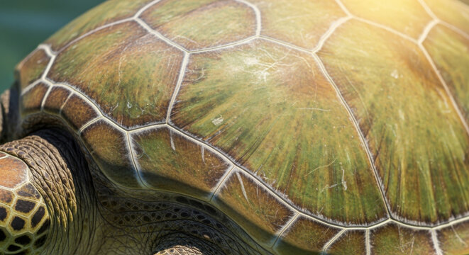 Close-up of a sea turtle's carapace, showcasing its intricate pattern and green hues.