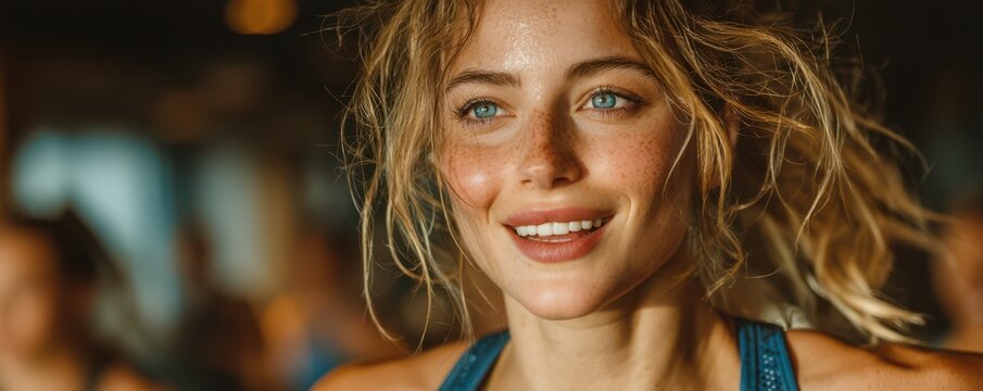 Smiling Woman in Athletic Attire During Indoor Exercise Session