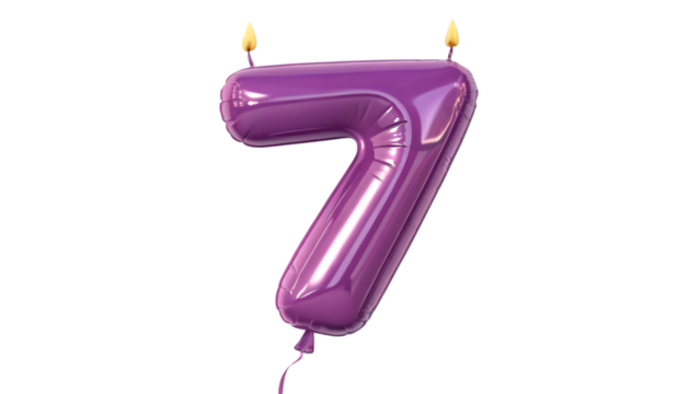 Shiny purple balloon shaped like number 7 with lit candles for celebration isolated on transparent background