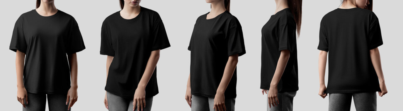 Mockup of black oversized t-shirts on a girl in gray jeans, front, side, back view, isolated on background. Set