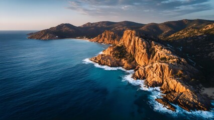 Obraz premium Orange rocky cliffs rise from a blue sea along a rugged coastline with hills in the distance. Concept Orange coastal cliffs, Blue sea, Rugged coastline, Distant hills, Expansive horizon