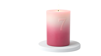 Tall cylindrical pink candle with subtle gradient illumination and gentle flame on white base isolated on transparent background