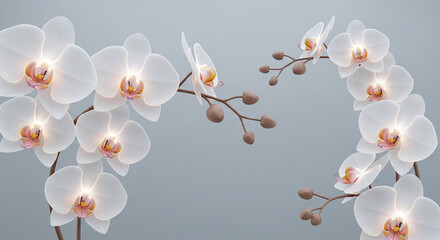 Ethereal 3D Orchids with Glowing Accents on Light Grey Textured Wallpaper. 3D relief wallpaper with Majestic 3D Wall Mural. floral landscapes. 3d floral art, floral wallpaper, Luxurious textile tile