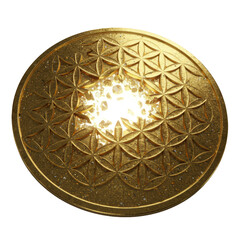 Fototapeta premium Golden flower of life symbol, molten gold, matte texture, fractured revealing glowing white core & halo, on transparent background. concept of mystical precision