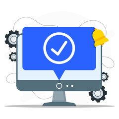 Illustration of a computer screen showing a checkmark notification with gears and a bell icon, representing system confirmation, alert, successful process, and digital verification.