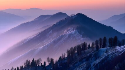 Sunrise over a snow-covered mountain ridge, pastel pink and purple mist filling the valleys, with silhouetted trees along the slopes. Concept Sunrise over snow-covered ridge