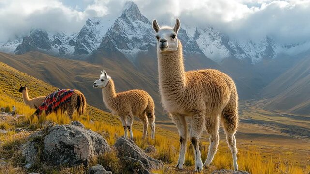 Llamas in the Andes Mountains - Majestic South American Camelids in a Stunning Natural Landscape.