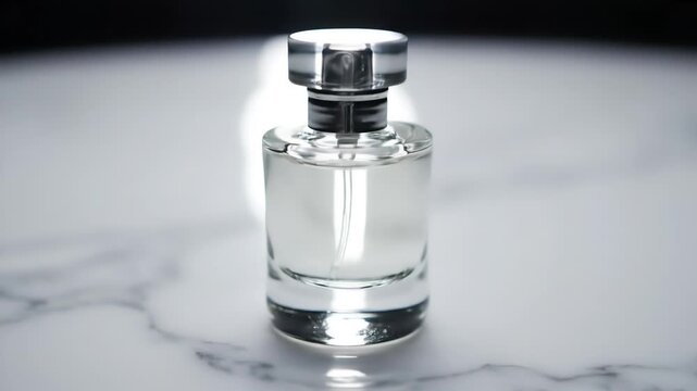 A clear glass perfume bottle with a metallic silver cap sits on a textured marble surface, illuminated by soft, diffused light highlighting its sleek design.