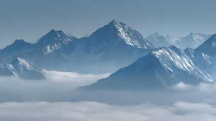Obraz premium Snowy mountain peaks rising above a sea of clouds in a blue alpine landscape. Concept Snowy mountain peaks, Sea of clouds, Blue alpine landscape, Alpine scenery, Mountain panorama