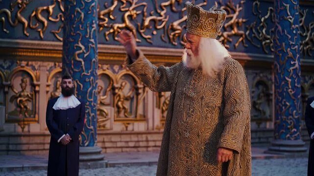 Man wearing crown and robe stands with beard and ruff. Attendant flanks man near pillar and carved panel. Carving and architecture form ornate backdrop. Embroidery and metalwork detail robe and crown.
