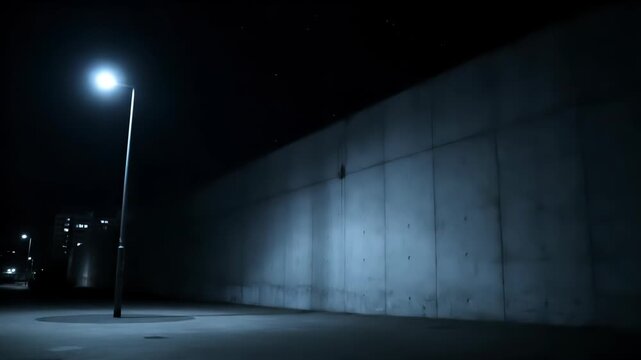 Empty Concrete Wall Illuminated by Cold Streetlight at Night with Dark Sky
