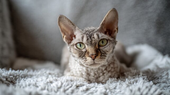 Minskin cat with short legs and sparse fur relaxing on a soft blanket indoors during the afternoon