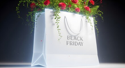 Elegant Black Friday Shopping Bag with Flowers and Glowing Light for Seasonal Sale Promotion