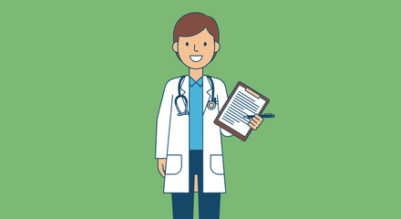 Cartoon Doctor Holding Clipboard with Medical Information.