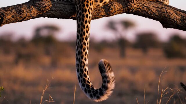 A mesmerizing leopard's tail dangles from a sturdy branch as the sun sets over the vast savanna. The warm glow highlights the beauty of wildlife during twilight.