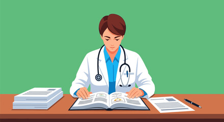 Doctor studying medical textbook at desk with stethoscope.