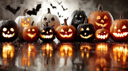 Sinister carvings: a group of wickedly lit jack o lanterns. Poster graphics. Uncanny aura: enhanced jack o lanterns amidst ghostly silhouetted shaddows. Blockbuster art. Movie cover.