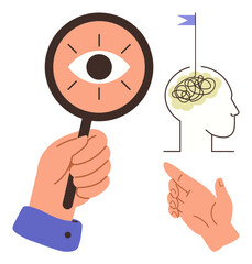 Magnifying glass focusing on eye, tangled brain with flag, hand pointing. Ideal for analysis, focus, critical thinking, problem solving, learning innovation clarity. Simple flat metaphor
