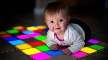 Happy baby on colorful light-up mat, smiling at camera