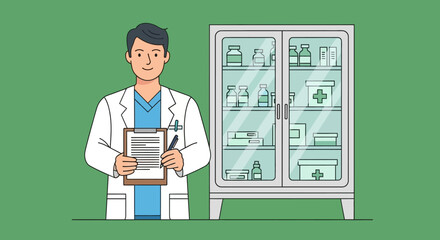 Doctor with Clipboard and Medicine Cabinet Illustration.