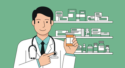 Cartoon Doctor Holding Medication Bottle in Pharmacy Setting.