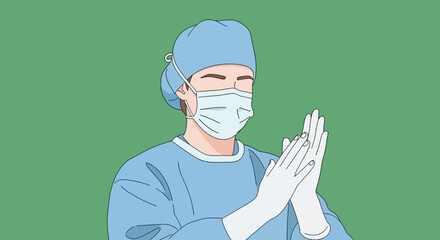 Surgeon preparing for surgery wearing mask and gloves.
