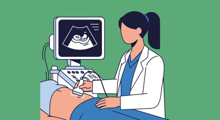Doctor performing ultrasound on pregnant woman, monitoring babys health.