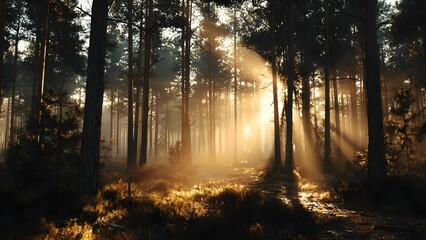Fototapeta premium Sunlit pine forest with golden rays streaming through tall trees onto a misty, dew-kissed forest floor. Concept Sunlit pine forest, Golden sun rays, Mist-filled forest floor, Ethereal morning light