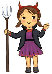 Cute Smiling  Little Devil Girl for Halloween, Cartoon Girl in Devil Costume Holding a Pitchfork, Hand-drawn character illustration isolated on white background. 
