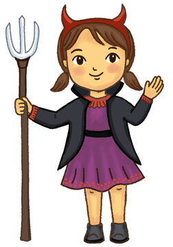 Cute Smiling  Little Devil Girl for Halloween, Cartoon Girl in Devil Costume Holding a Pitchfork, Hand-drawn character illustration isolated on white background. 