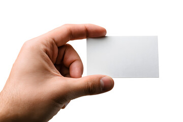 Obraz premium Hand holding blank white business card mockup, isolated on transparent background