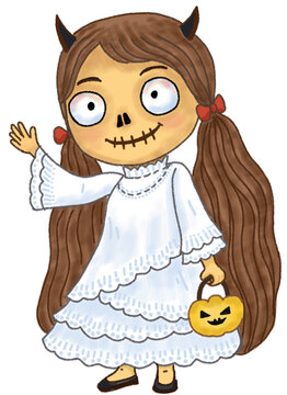Cute Ghost Girl with Skull Face and Long Hair in White Ghost Dress and Halloween Pumpkin Basket, Hand-drawn character illustration isolated on white background. Pastel, 