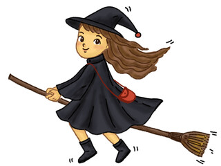 Cheerful girl witch with a smiling faceriding wearing a black dress and a pointy hat, flying on a wooden broomstick.  Hand-drawn character illustration isolated on white background. 