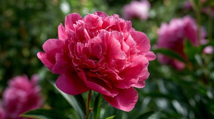 Fototapeta premium Vibrant pink peony flower blooming in a lush garden during the sunny spring season, showcasing its rich color and delicate petals