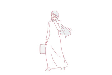 Smiling muslim businesswoman in traditional clothes talk on cellphone with client. Happy Islamic woman worker have business smartphone call. Technology, culture concept. Vector illustration.