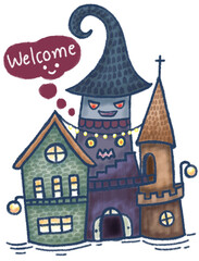 Cute monster castle wearing a spooky witch hat, a green textured house, and a brown church tower, all greeting you with the word 'Welcome&rsquo;. Hand-drawn illustration isolated on white background.