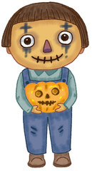 A boy dressed in a scarecrow costume (denim overalls) and holding a carved Halloween pumpkin (jack-o'-lantern). Artwork for Halloween. Hand-drawn character illustration isolated on white background.