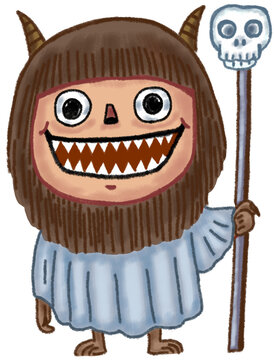 Cute and friendly furry monster character, wearing a simple robe and holding a skull-topped staff. Artwork for Halloween. Hand-drawn character illustration isolated on white background. 