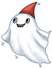Playful cartoon ghost with a cheerful expression, floating gently and adorned with a festive red cone hat. Artwork for Halloween. Hand-drawn character illustration isolated on white background. 