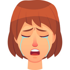 Cartoon Woman Face With Brown Hair Crying Tears Of Sadness And Despair Expressing Emotion Against Transparent Background