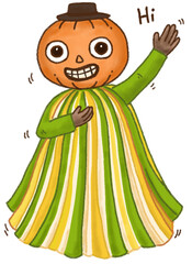 A cute pumpkin-headed character, wearing a green and yellow striped robe/dress and waving "Hi." Hand-drawn character illustration isolated on white background.
