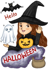 A cheerful witch wearing black dress and hat.  Surrounded by classic Halloween elements, a cute ghost, a flying bat, and a pumpkin and smoking cauldron with the text "Halloween." 