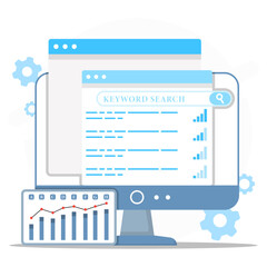 Searching rating of keyword concept. SEO strategy showing a professional analyzing search trends on a computer screem, optimizing website content, and improving online ranking performance.