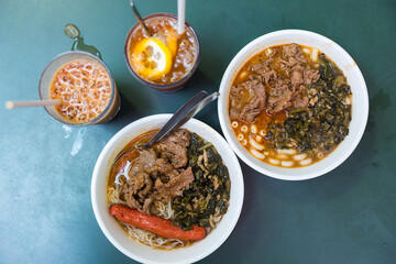 Hong Kong breakfast with satay beef macaroni and iced milk tea
