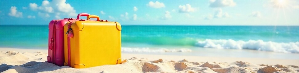 Bright Suitcase on Sandy Beach Sunshine, Relaxation, and Adventure Await